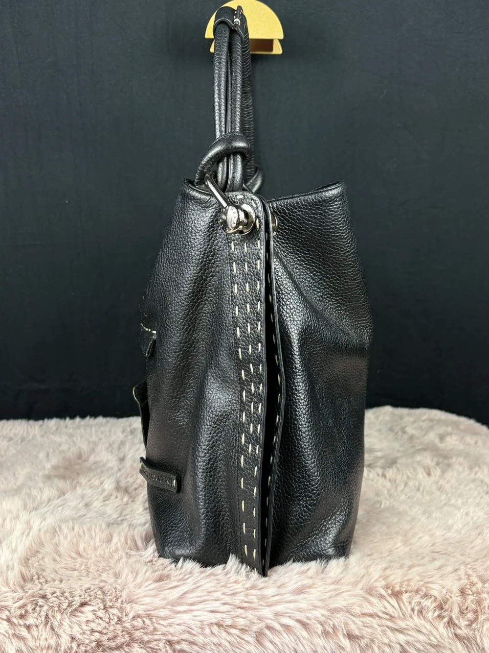 BCBGMAXAZRIA Black Pebbled Leather Hobo Bag Whipstitch Vintage